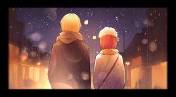 Rule 34 | 1boy, 1girl, akirarec, arima kana, bag, beret, black coat, blonde hair, blurry, bokeh, chinese commentary, cityscape, coat, commentary request, depth of field, film grain, from behind, fur-trimmed coat, fur trim, grey scarf, hat, hat ribbon, highres, hoshino aquamarine, night, night sky, oshi no ko, red hair, ribbon, scarf, short hair, shoulder bag, sky, star (sky), starry sky, winter clothes