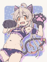 Rule 34 | 1girl, @ @, animal ears, animal hands, arm garter, armpits, bell, bow, bow panties, bra, breasts, bridal garter, cat cutout, cat ears, cat lingerie, cat paws, cat tail, cleavage cutout, clothing cutout, commentary request, fake animal ears, fake tail, fang, frilled bra, frills, genderswap, genderswap (mtf), gloves, grey hair, hair between eyes, highres, jingle bell, long hair, matado (almukha), meme attire, multicolored hair, navel, onii-chan wa oshimai!, open mouth, orange eyes, oyama mahiro, panties, paw gloves, pink hair, purple bra, purple panties, small breasts, solo, streaked hair, tail, tail bell, tail ornament, twintails, underwear, wavy mouth
