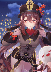 Rule 34 | 1girl, absurdres, black nails, black shorts, breasts, brown hair, brown shirt, chinese clothes, claw pose, collared shirt, commentary request, flower, genshin impact, ghost, hat, hat flower, highres, hu tao (genshin impact), jewelry, lantern, lantern festival, leaning forward, long hair, long sleeves, looking at viewer, medium breasts, multiple rings, nail polish, open mouth, red eyes, ring, shirt, short shorts, shorts, sking, sky, sky lantern, solo, standing, star-shaped pupils, star (symbol), symbol-shaped pupils, teeth, twintails, undershirt, upper teeth only, very long hair, wide sleeves