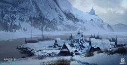 Rule 34 | 1boy, assassin&#039;s creed: valhalla, assassin&#039;s creed (series), boat, company name, concept art, copyright name, dechambo, european architecture, grey sky, highres, mountain, outdoors, river, sky, snow, tree, village, watercraft, watermark