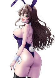 Rule 34 | 1girl, animal ears, ashigara (kancolle), ass, brown eyes, brown hair, cowboy shot, detached collar, fake animal ears, fake tail, fang, hair between eyes, highres, kantai collection, leotard, long hair, mikan 29344886, open mouth, purple leotard, rabbit ears, rabbit tail, simple background, smile, solo, strapless, strapless leotard, tail, white background, wrist cuffs