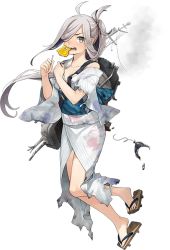 Rule 34 | 10s, 1girl, ahoge, angry, asashimo (kancolle), biting, candy, fangs, food, fujikawa, full body, hair over one eye, japanese clothes, kantai collection, kimono, lollipop, long hair, machinery, official art, open mouth, ponytail, sandals, silver hair, smile, smoke, solo, toes, tongue, torn clothes, transparent background, yukata