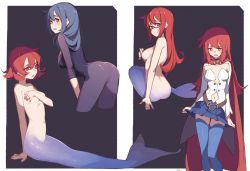 Rule 34 | 2girls, ass, blue hair, blue skirt, blue tail, blush, breasts, cape, chariot du nord, clothes pull, clothing cutout, covering privates, covering breasts, glasses, highres, leaning forward, little witch academia, long hair, medium breasts, mermaid, monster girl, multiple girls, multiple views, navel cutout, qiongsheng, red eyes, shiny chariot, short hair, sideboob, skirt, skirt pull, small breasts, thighhighs, thighs, ursula callistis