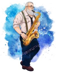 Rule 34 | 1boy, bara, beard, bulge, collared shirt, daisukebear, denim, facial hair, full body, glasses, highres, instrument, instrument request, jeans, long beard, looking at viewer, looking to the side, loose necktie, male focus, mature male, music, necktie, old, old man, original, pants, pectorals, playing instrument, receding hairline, shirt, short hair, solo, standing, thick eyebrows, white hair, wrinkled skin