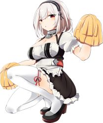 Rule 34 | 1girl, apron, azur lane, belt, blush, breasts, cheering, cleavage, commentary request, frilled apron, frilled skirt, frills, headband, kneeling, looking at viewer, maid, maid apron, medium breasts, on one knee, pom pom (cheerleading), red eyes, shoes, simple background, sirius (azur lane), skirt, solo, thighhighs, tonari (ichinichime azuma), white background, white hair, white thighhighs, zettai ryouiki