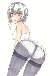 Rule 34 | 1girl, ass, bent over, black pantyhose, blush, highres, looking at viewer, looking back, ole tower, panties, panties over pantyhose, pantyhose, red eyes, sariri fudou, short hair, silver hair, simple background, solo, sweatdrop, thighband pantyhose, underwear, white background, white panties