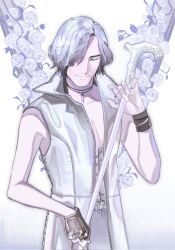 Rule 34 | 1boy, bare shoulders, bebepancake, cane, closed mouth, coat, devil may cry (series), devil may cry 5, fingerless gloves, gloves, highres, holding, holding cane, jewelry, necklace, sleeveless, sleeveless coat, smile, solo, tooth necklace, v (devil may cry), white hair