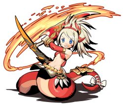 Rule 34 | 1girl, blonde hair, blue eyes, criss-cross halter, crown, dual wielding, echidna (p&amp;d), facial mark, fire, grin, halterneck, halterneck, highres, holding, lamia, midriff, monster girl, ponytail, puzzle &amp; dragons, ribbon, smile, solo, sword, weapon, yuukoo