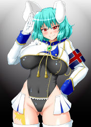 Rule 34 | 07th expansion, 1girl, animal ears, aqua hair, black background, blue hair, blush, breasts, brooch, chiester410, chiester sisters, gloves, groin, hand on own hip, jewelry, large breasts, leotard, long sleeves, looking at viewer, miniskirt, navel, no naku koro ni (series), no panties, rabbit ears, red eyes, salute, sawa (snack yoshie), short hair, showgirl skirt, skirt, smile, solo, tattoo, thighhighs, umineko no naku koro ni, white gloves, white thighhighs