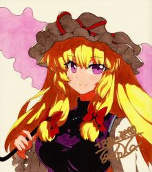 Rule 34 | 1girl, bad id, bad pixiv id, blonde hair, bow, breasts, closed mouth, dress, frilled sleeves, frills, hair between eyes, hair bow, hat, hat ribbon, holding, holding umbrella, long hair, long sleeves, looking at viewer, medium breasts, mob cap, purple eyes, purple tabard, qqqrinkappp, red bow, red ribbon, ribbon, shikishi, signature, smile, solo, tabard, touhou, traditional media, umbrella, upper body, white dress, white hat, white umbrella, yakumo yukari