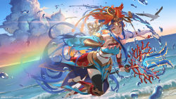 Rule 34 | 1girl, :d, barefoot, black thighhighs, blue hair, brown eyes, character request, check character, chinese clothes, chinese commentary, commentary, english commentary, highres, holding, holding staff, long hair, looking at viewer, mazu, mixed-language commentary, monster strike, ocean, open mouth, smile, solo, staff, thighhighs, vofan