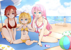 Rule 34 | 2boys, 4girls, arm support, barefoot, beach, bikini, blonde hair, blue eyes, breast envy, breasts, brown eyes, brown hair, cleavage, cloud, day, frilled bikini, frills, front-tie top, hair ornament, hair ribbon, hairclip, hand to own mouth, hatsune miku, kagamine len, kagamine rin, kaito (vocaloid), medium breasts, megurine luka, meiko (vocaloid), multiple boys, multiple girls, natsu (natume0504), navel, open mouth, outdoors, pink hair, red eyes, ribbon, short hair, sitting, sky, small breasts, swimsuit, umbrella, vocaloid, wariza, water