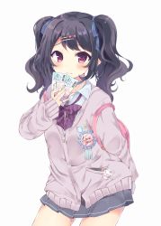 Rule 34 | 1girl, arm behind back, backpack, badge, bag, black hair, blue ribbon, blush, bow, bowtie, buttons, cardigan, cellphone, choker, commentary request, contrapposto, cowboy shot, english text, hair ornament, hair ribbon, hairclip, heart, highres, holding, irone (miyamiya38), jewelry, charm (object), long hair, long sleeves, looking at viewer, original, phone, plaid, plaid bow, plaid bowtie, plaid neckwear, pleated skirt, pocket, purple eyes, rabbit, ribbon, ring, school uniform, simple background, skirt, sleeves past wrists, smartphone, solo, standing, ticket, twintails, white background