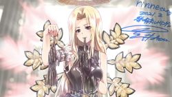 Rule 34 | 1girl, black dress, blonde hair, blush, breasts, dated, dress, gloves, halo, iseria queen, jewelry, kuroi mimei, long hair, looking at viewer, open mouth, signature, sleeveless, smile, solo, star ocean, star ocean the second story, wings