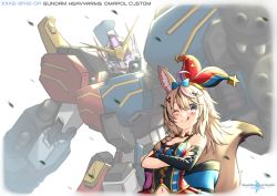 Rule 34 | 1girl, animal ear fluff, animal ears, arm cannon, blue bow, blush, bow, bow choker, clenched hand, elbow gloves, fox ears, fox girl, fox tail, gatling gun, gloves, glowing, glowing eye, gundam, gundam build divers, gundam build divers re:rise, gundam heavyarms custom, gundam wing, gundam wing endless waltz, hair bow, hat, highres, hololive, huge bow, jester cap, mask, mecha, mobile suit, navel, omaru polka, omaru polka (1st costume), one eye closed, parody, pinguinkotak, purple eyes, robot, science fiction, single elbow glove, single glove, smile, tail, title parody, tongue, tongue out, v-fin, virtual youtuber, weapon