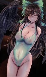 Rule 34 | 1girl, arms behind back, bare shoulders, bird wings, black thighhighs, black wings, blush, bow, breasts, brown hair, closed mouth, collarbone, cowboy shot, dutch angle, feathered wings, female pubic hair, green bow, green leotard, hair between eyes, hair bow, highres, large breasts, leotard, light frown, long hair, looking at viewer, navel, nipples, nose blush, orange eyes, pubic hair, reiuji utsuho, see-through, shiro rekon, solo, strapless, strapless leotard, thighhighs, touhou, very long hair, wings
