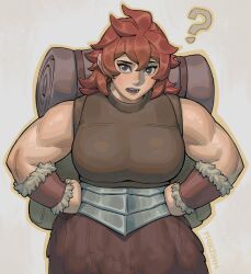 Rule 34 | 1girl, ?, arm guards, armor, artist name, backpack, bag, bare shoulders, breasts, brown shirt, commentary, cowboy shot, dungeon meshi, dwarf, english commentary, fur trim, grey eyes, hair between eyes, hands on own hips, highres, large breasts, looking at viewer, m4rjinn, medium hair, muscular, muscular female, namari (dungeon meshi), open mouth, pelt, plate armor, red hair, shirt, simple background, sleeveless, sleeveless shirt, solo, tight clothes, tight shirt, white background