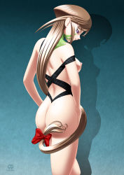 Rule 34 | 1girl, absurdres, ass, bow, breasts, brown hair, butt crack, colored sclera, hair bow, highres, long hair, low-tied long hair, n.kaname, nipples, purple eyes, purple sclera, signature, solo, swimsuit, tenchi muyou!, tokimi, very long hair