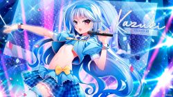 Rule 34 | 1girl, blue hair, confetti, frilled skirt, frills, fumio (ura fmo), grisaia (series), happy birthday, headband, holding, holding microphone, idol clothes, kazami kazuki, long hair, microphone, midriff, official art, outstretched arm, puffy short sleeves, puffy sleeves, purple eyes, short sleeves, skirt, sparkle