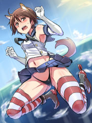 Rule 34 | 1girl, animal ears, armpits, bad id, bad pixiv id, blush, brown eyes, brown hair, cosplay, crossover, dog ears, dog tail, elbow gloves, gloves, kantai collection, microskirt, midriff, miyafuji yoshika, navel, open mouth, panties, pantyshot, parody, shimakaze (kancolle), shimakaze (kancolle) (cosplay), short hair, skirt, socks, solo, strike witches, striped clothes, striped socks, striped thighhighs, sweatdrop, tail, thighhighs, ulrich (tagaragakuin), underwear, upskirt, world witches series