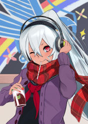 Rule 34 | 1girl, alternate costume, ascot, azur lane, buttons, chorusaqua2, coffee, coffee cup, commentary, cup, dark-skinned female, dark skin, disposable cup, drinking straw, hair between eyes, hand on headphones, headphones, highres, long hair, long sleeves, looking at viewer, minneapolis (azur lane), minneapolis (wild huntress schoolgirl) (azur lane), nail polish, one eye closed, ponytail, red eyes, red nails, scarf, school uniform, smile, solo, sweater, white hair