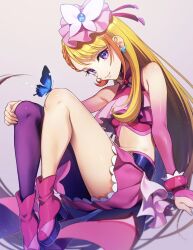 Rule 34 | 1girl, blonde hair, bow, braid, bug, butterfly, commentary, crop top, cure butterfly, earrings, french braid, hair bow, highres, hijiri ageha, hirogaru sky! precure, insect, jewelry, long hair, looking at viewer, magical girl, midriff, pantyhose, parted lips, precure, purple eyes, purple pantyhose, single leg pantyhose, sitting, skirt, smile, solo, symbol-only commentary, very long hair, yuzu sato