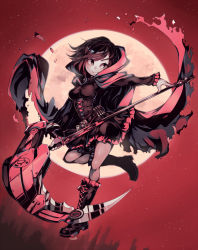 Rule 34 | 1girl, artist name, black hair, boots, breasts, cape, corset, crescent rose, cross-laced footwear, full moon, gothic lolita, hood, knee boots, lace-up boots, lolita fashion, medium breasts, moon, parororo, ruby rose, rwby, scythe, short hair, solo, torn cape, torn clothes