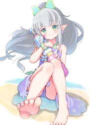 Rule 34 | 1girl, closed mouth, dress, earrings, green eyes, grey hair, highres, holding, holding water gun, jazz grace, jewelry, long hair, looking at viewer, nail polish, panties, pointy ears, ponytail, purple dress, purple nails, purple panties, puyopuyo, puyopuyo quest, scrunchie, shore, sitting, smile, solo, toenail polish, toenails, underwear, water gun, wrist scrunchie, yana (puyopuyo)