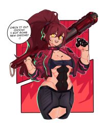 Rule 34 | 1girl, :d, abs, android, black pants, breasts, brown hair, cleavage, clothing cutout, collarbone, commentary request, covered navel, cropped legs, cyberpunk (series), emoticon, english text, finger cots, highres, holding, holding weapon, jacket, joints, long hair, long sleeves, looking at viewer, medium breasts, open clothes, open jacket, open mouth, orange eyes, pants, ponytail, red jacket, robot joints, smile, solo, thigh cutout, very long hair, void dot exe, weapon, weapon behind back, yellow pupils