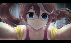 Rule 34 | 1girl, anetani kiki, aqua eyes, blue eyes, brown hair, casual, closed eyes, empty eyes, false smile, hair between eyes, high ponytail, highres, letterboxed, looking at viewer, multicolored hair, off shoulder, official alternate costume, paid reward available, pov, shaded face, smile, solo, sweat, nervous sweating, tokai teio (umamusume), two-tone hair, umamusume, upper body, white hair, yandere