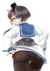 Rule 34 | 10s, 1girl, ass, brown eyes, brown hair, cameltoe, clothes pull, come hither, dress, from behind, hat, highres, iga tamaki, kantai collection, leaning, leaning forward, looking back, matching hair/eyes, multicolored hair, naughty face, panties, panties under pantyhose, pantyhose, pantyhose pull, sailor dress, short hair with long locks, silver hair, simple background, smile, solo, tokitsukaze (kancolle), underwear, white background