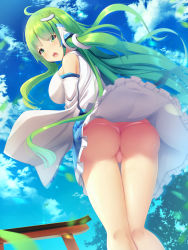 Rule 34 | 1girl, absurdres, ass, blue skirt, blush, breasts, cameltoe, clothes lift, cloud, collared shirt, commentary request, cowboy shot, day, detached sleeves, eyes visible through hair, floating hair, frog, frog hair ornament, from behind, green eyes, green hair, hair ornament, hair tubes, highres, kochiya sanae, large breasts, liya, long hair, long skirt, nontraditional miko, open mouth, panties, pantyshot, pink panties, shirt, skirt, skirt lift, sky, sleeveless, sleeveless shirt, snake, snake hair ornament, solo, standing, thighs, touhou, underwear, upskirt, white shirt, wide sleeves, wind, wind lift