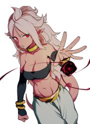 Rule 34 | android 21, arabian clothes, bracelet, breasts, colored skin, dragon ball, dragon ball fighterz, dragonball z, energy ball, highres, incoming attack, jewelry, looking at viewer, majin android 21, necklace, pink skin, pointy ears, red eyes, tail, white hair, zequung, zquung