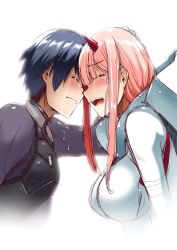 Rule 34 | 10s, 1boy, 1girl, black bodysuit, black hair, blush, bodysuit, breasts, couple, crying, darling in the franxx, closed eyes, face-to-face, fangs, forehead-to-forehead, hand on another&#039;s head, heads together, hiro (darling in the franxx), horns, large breasts, long hair, nekoi hikaru, oni horns, pilot suit, pink hair, red horns, short hair, white bodysuit, zero two (darling in the franxx)
