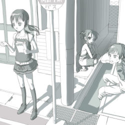 Rule 34 | 1boy, 2girls, bus stop, chain-link fence, fence, grate, monochrome, multiple girls, muted color, original, road, sewer grate, sign, uni (plastic girl)