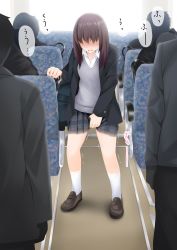 Rule 34 | 1girl, absurdres, bag, between legs, black jacket, blue skirt, blush, brown footwear, brown hair, bus interior, collared shirt, embarrassed, faceless, faceless female, female focus, flat chest, gokiburi no dashi, gradient hair, grey sweater, hand between legs, hand up, have to pee, highres, jacket, japanese text, long hair, long sleeves, miniskirt, multicolored hair, nose blush, open clothes, open jacket, open mouth, original, plaid, plaid skirt, pleated skirt, purple hair, school uniform, seat, shirt, shoes, shoulder bag, sidelocks, skirt, socks, solo focus, standing, sweat, sweater, translation request, trembling, two-tone hair, white shirt, white socks