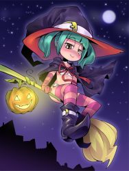 Rule 34 | 1girl, broom, broom riding, cape, cinnamon (marshmallow times), full moon, green hair, halloween, hat, marshmallow times, moon, night, sidesaddle, solo, striped clothes, striped thighhighs, thighhighs, witch, witch hat