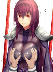 Rule 34 | &gt;:|, 1girl, :|, angry, armor, blush, bodysuit, breasts, closed mouth, command spell, covered erect nipples, fate/grand order, fate (series), fujimaru ritsuka (male), gae bolg (fate), grabbing, grabbing another&#039;s breast, guchiota field, hair between eyes, hair intakes, impossible clothes, large breasts, long hair, looking down, motion lines, out of frame, pauldrons, polearm, purple bodysuit, purple hair, red eyes, scathach (fate), see-through, shiny clothes, shoulder armor, simple background, skin tight, solo focus, spear, tattoo, trembling, turtleneck, upper body, v-shaped eyebrows, very long hair, weapon, white background