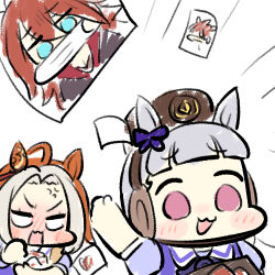 Rule 34 | 2girls, :3, ahoge, angry, animal ears, blank eyes, blue eyes, blunt bangs, blush stickers, bow, bowtie, brown hair, brown headwear, chibi, commentary, ear bow, ear covers, emphasis lines, english commentary, gold ship (umamusume), grey hair, hair between eyes, hair intakes, headgear, hood, hood down, hoodie, horse ears, horse girl, jazz jack, lowres, mask, messy hair, mixed-language commentary, mouth mask, multiple girls, orange hair, orfevre (umamusume), photo (object), pillbox hat, puffy short sleeves, puffy sleeves, purple bow, purple bowtie, purple shirt, sailor collar, school uniform, shirt, short sleeves, simple background, single ear cover, sketch, tracen school uniform, umamusume, upper body, v-shaped eyebrows, white background, white sailor collar, wide face
