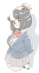 Rule 34 | animal ears, animal print, black hair, blue jacket, blush, bow, bowtie, brown eyes, collared shirt, commentary request, cow ears, cow girl, cow print, cow tail, from above, grey skirt, hair bow, hair bun, holstein friesian cattle (kemono friends), jacket, kemono friends, kemono friends 3, looking at viewer, mitsumoto jouji, multicolored hair, official alternate costume, pleated skirt, red bow, red bowtie, school uniform, shirt, single hair bun, skirt, solo, tail, two-tone hair, white hair, white shirt