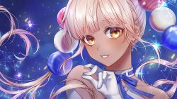 Rule 34 | 1girl, brown eyes, dark-skinned female, dark skin, gloves, hair ornament, highres, hololive, hololive english, long hair, planet hair ornament, signature, star (symbol), starry background, tsukumo sana, tsukumo sana (1st costume), twintails, virtual youtuber, white gloves, white hair, yeon6432