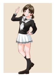 Rule 34 | 1girl, antenna hair, arm up, black footwear, black shirt, black socks, brown hair, green eyes, hand on own hip, loafers, looking at viewer, low twintails, making-of available, open mouth, original, pleated skirt, sailor collar, school uniform, shirt, shoes, short twintails, simple background, skirt, smile, socks, standing, standing on one leg, teeth, twintails, v, white sailor collar, white skirt, yamanaka kouji (yanchiki2001), yellow background