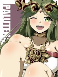 Rule 34 | 1girl, armpit crease, bare shoulders, blush, breasts, character name, collarbone, commentary, dress, eyelashes, forehead jewel, green eyes, green hair, hair ornament, highres, impossible clothes, jewelry, kid icarus, kid icarus uprising, knees up, large breasts, long hair, looking at viewer, nintendo, one eye closed, open mouth, palutena, parted bangs, purple background, shadow, shiny skin, sidelocks, solo, strapless, strapless dress, taka p (zelda27th), upper body, white dress