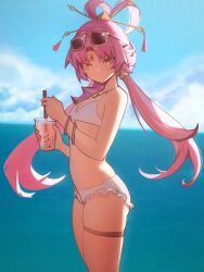 Rule 34 | 1girl, bikini, cowboy shot, cup, day, disposable cup, distr, drinking straw, eyewear on head, forehead jewel, from side, fu xuan (honkai: star rail), highres, holding, holding cup, honkai: star rail, honkai (series), long hair, looking at viewer, looking to the side, pink hair, solo, sunglasses, swimsuit, thigh strap, thighs, twintails, water, white bikini, yellow eyes