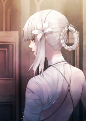 Rule 34 | 1girl, asymmetrical hair, backless outfit, bandaged arm, bandaged neck, bandages, braid, flower, hair flower, hair ornament, kaine (nier), lingerie, lunar tear, negligee, nier, nier (series), orange eyes, parted lips, solo, underwear, white hair, xiangping luo