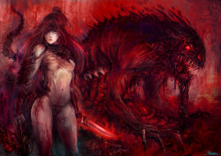 Rule 34 | 1girl, blood, breasts, contrapposto, deep wound, demon, covered erect nipples, guro, high ponytail, injury, intestines, kazeco, knife, medium breasts, midriff, monster, navel, one eye covered, original, parted lips, ponytail, red background, red eyes, red hair, red theme, sarashi, skeleton, standing