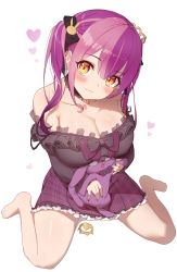 Rule 34 | 1girl, absurdres, bare shoulders, barefoot, bird, black nails, blank eyes, blush, bow, breasts, choker, cleavage, closed mouth, collarbone, crow, ear piercing, head tilt, heart, highres, keureu (tiqkdtiqkd10), lace-trimmed choker, lace trim, large breasts, long hair, long sleeves, looking at viewer, multicolored hair, musubime, nail polish, off shoulder, orange eyes, pendant choker, piercing, pink hair, purple hair, rabbit, simple background, sitting, solo, streaked hair, tsukiyomi yomi, twintails, virtual youtuber, wariza, white background