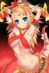 Rule 34 | 1girl, armpits, arms up, blonde hair, blue eyes, breasts, crown, dual wielding, echidna (p&amp;d), geminiboar, highres, holding, jewelry, lamia, large breasts, long hair, lots of jewelry, midriff, monster girl, navel, puzzle &amp; dragons, smile, solo, sword, weapon