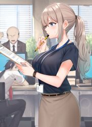 Rule 34 | 1girl, 2boys, black shirt, blue eyes, breasts, brown skirt, faceless, faceless male, highres, holding, holding pen, id card, indoors, kanikou, lanyard, large breasts, long hair, looking at another, mole, mole under eye, multiple boys, office lady, original, pen, ponytail, shirt, sitting, skirt, standing, sweatdrop