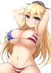 Rule 34 | + +, 10s, 1girl, american flag bikini, american flag print, armpits, arms behind head, arms up, bikini, blonde hair, blue eyes, blush, breasts, cleavage, covered erect nipples, don (29219), flag print, iowa (kancolle), kantai collection, large breasts, long hair, looking at viewer, navel, print bikini, smile, solo, star-shaped pupils, star (symbol), swimsuit, symbol-shaped pupils
